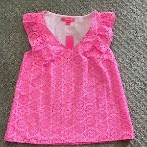 Lilly Pulitzer NWT Linia Top size Small in Prosecco Pink Neon Geo Eyelet